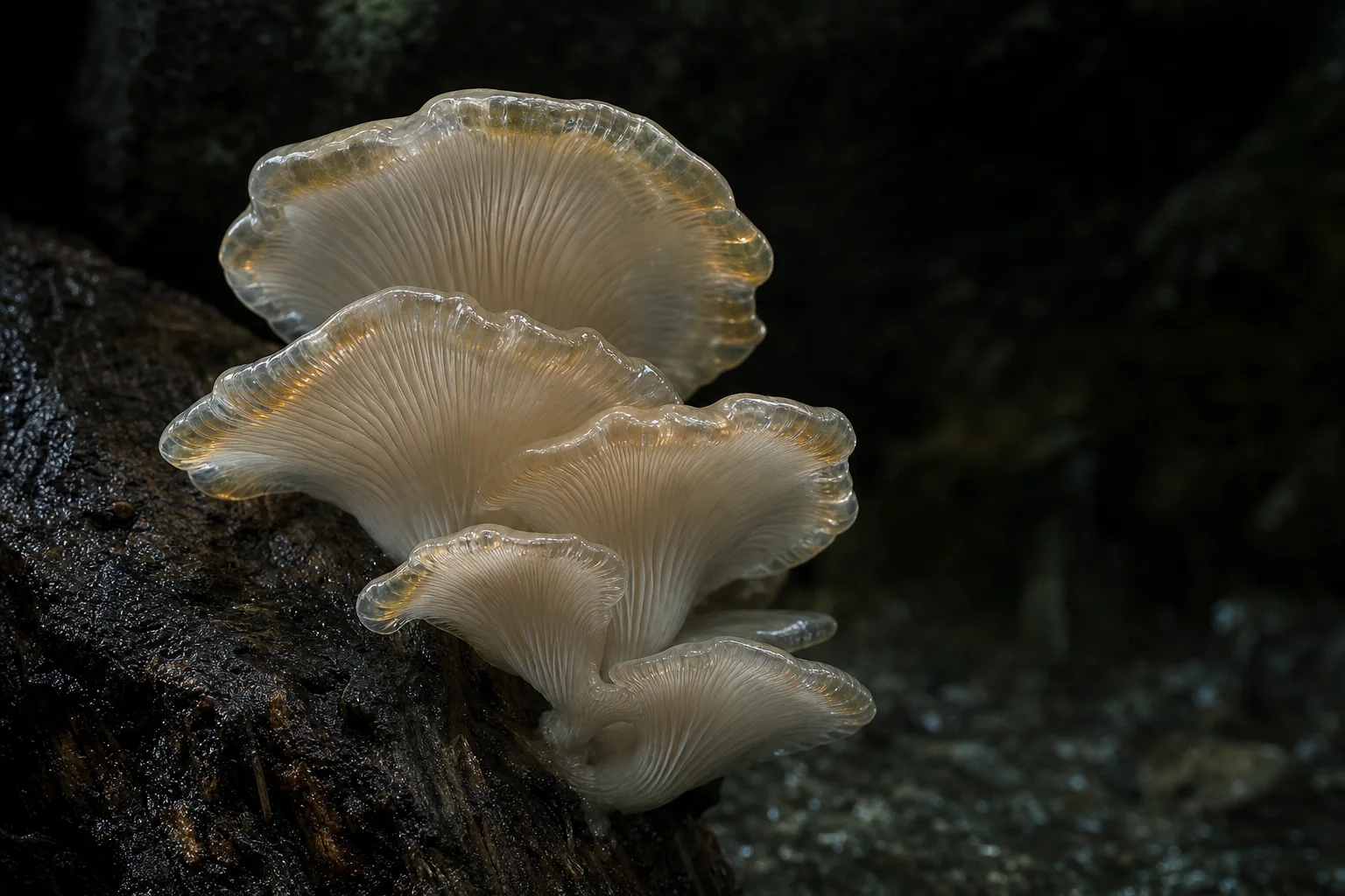 AI-generated photorealistic simulation of fictional translucent oyster mushrooms in a mineral-rich cave.